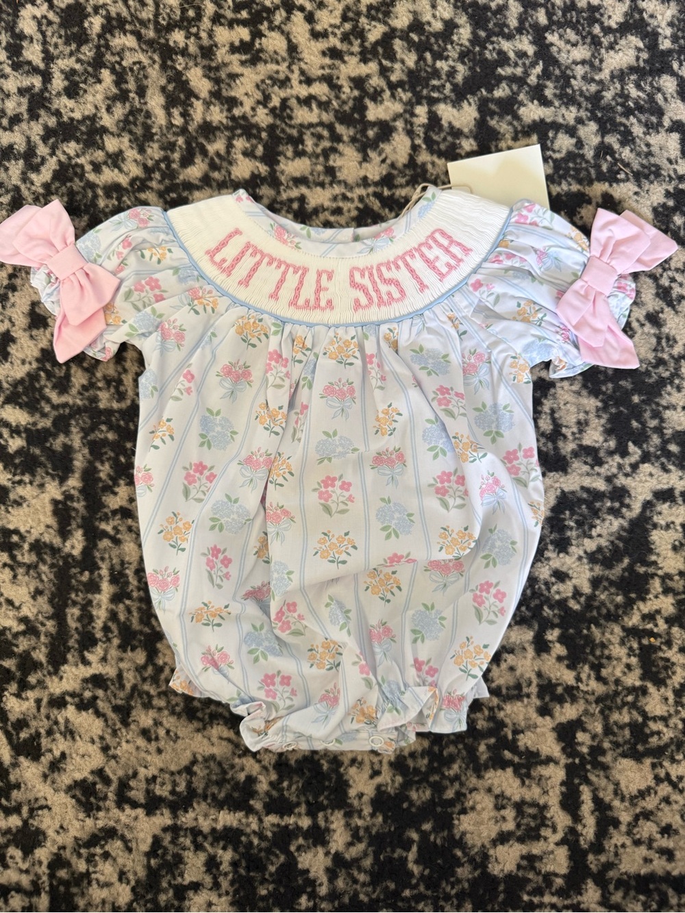 Hand Smocked Pink and Light Blue Floral "Little Sister" Smocked One-Piece